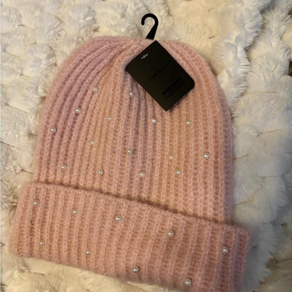 Pink Pearl-Embellished Knit Beanie